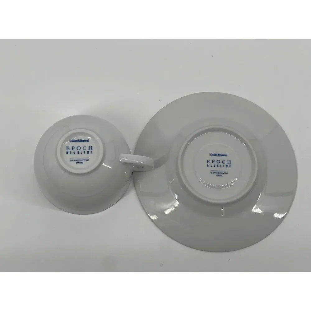 Crate & Barrel Epoch Blue Line White Tea Cup & Saucer Set Kathleen Wills Japan